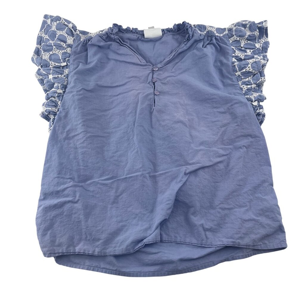 Blue MIRA‎ Blouse size Large Women's Top With Ruffled Sleeves & Crochet Detail
